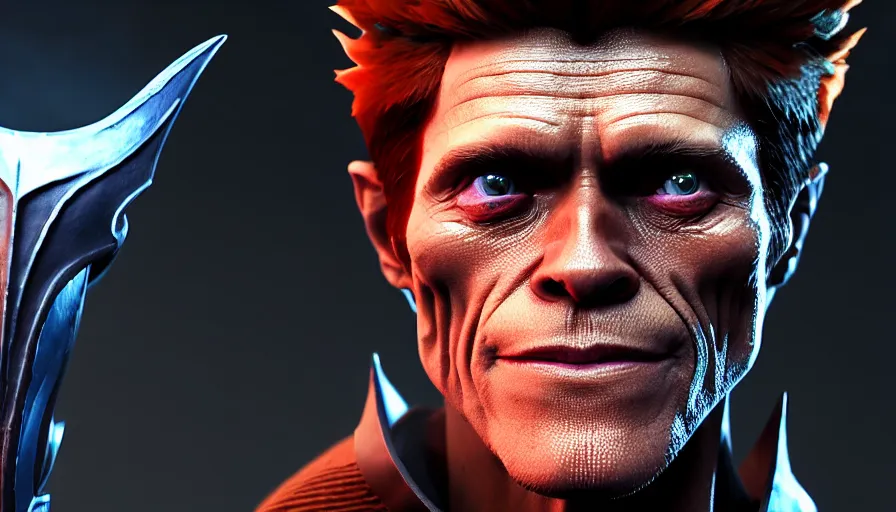 Image similar to willem dafoe as dota 2 game character, symmetrical, dota 2 game screenshot, 4 k, ray tracing, octane render, ultra hd