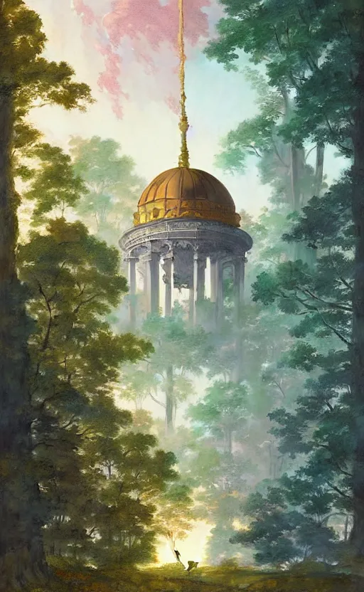 Prompt: neoclassical tower with dome on the forest. intricate, centered, amazing composition, colorful watercolor, by ruan jia, by maxfield parrish, by marc simonetti, by hikari shimoda, by robert hubert, by zhang kechun, illustration