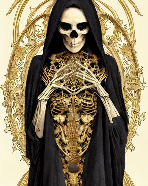 Image similar to a skeleton in a black cloak, highly detailed, very intricate, art nouveau, gold filigree, left right symmetry, tarot concept art watercolor illustration by mandy jurgens and alphonse mucha and alena aenami, featured on artstation