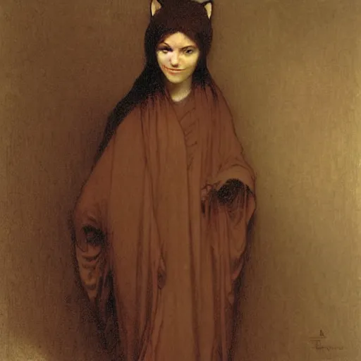 Prompt: An anthropomorphic fox in a brown robe, by bouguereau