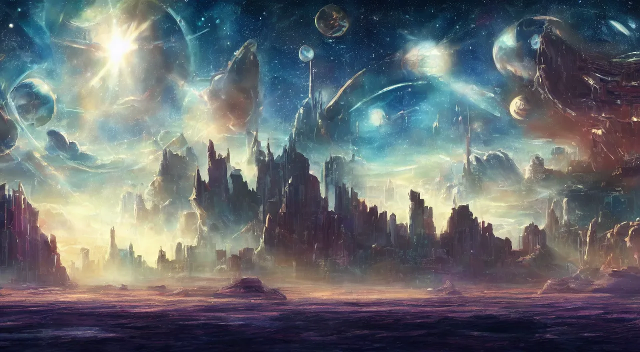 Prompt: A beautiful painting of a city on the sea of an alien planet with stars shining in the sky,80s sci-fi,4k