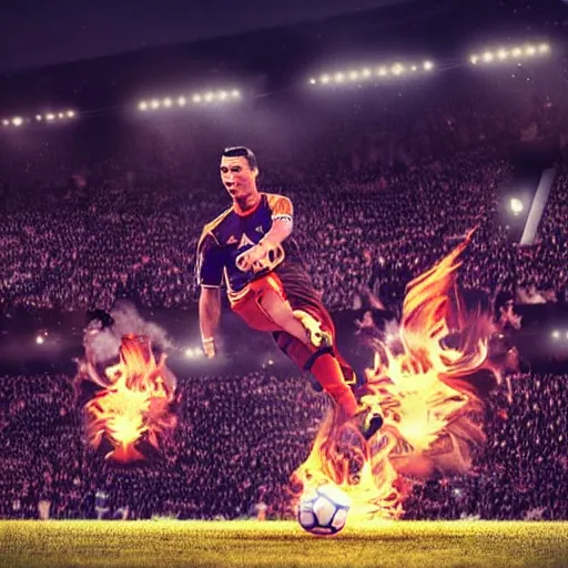 Image similar to cristiano ronaldo kick a fire ball to the sky in a stadium with a lot of person, photorealistic, night