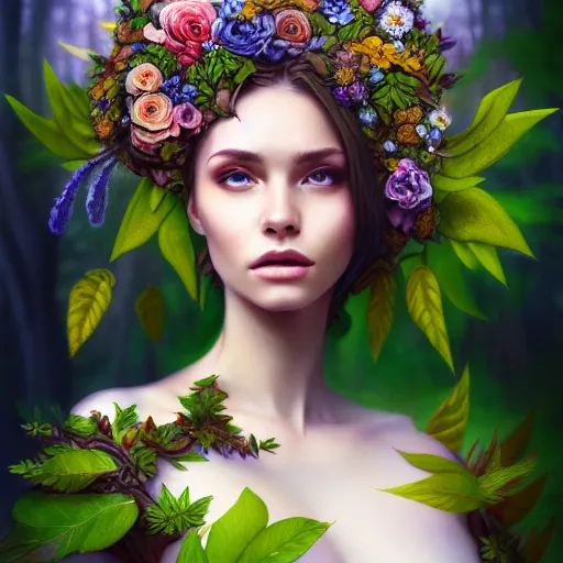 Prompt: upper body of a beautiful woman clothed in flowers and leaves standing in an enchanted forest, high fantasy, elegant, epic, detailed, intricate, digital painting, concept art, realistic detailed face, smooth, focus, rim light