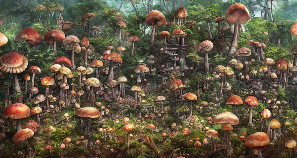 Image similar to A tribal village in a forest of giant mushrooms, by Yoshitaka Amano,