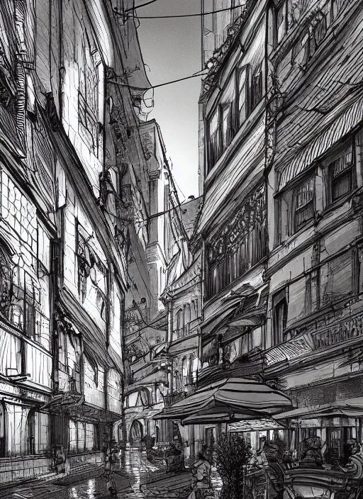 Image similar to Budapest , Dynamic lighting, cinematic, extremely high detail, photo realistic, cinematic lighting, pen and ink, intricate line drawings, post processed, artstation, matte painting, style by Paru Itagaki