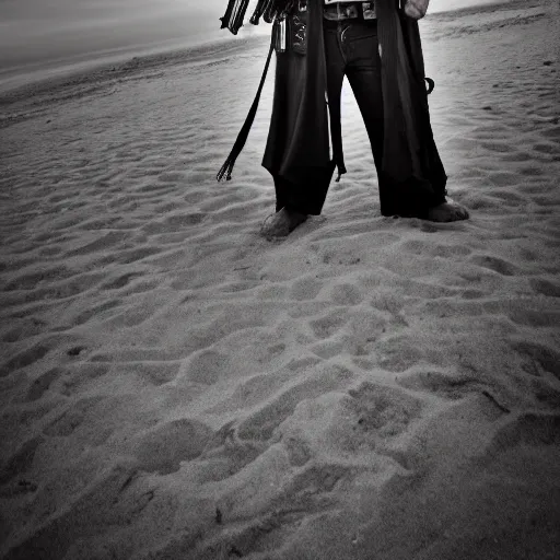 Prompt: gunslinger standing on a beach beside a lone standing door
