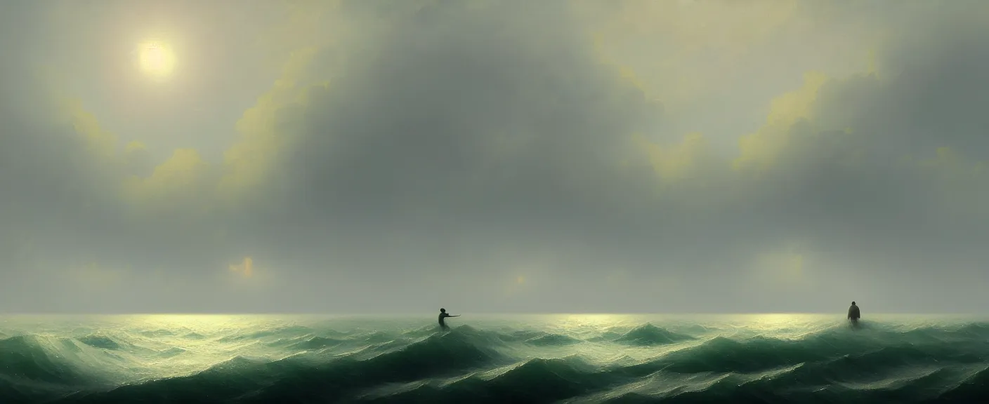 Image similar to a single lonely figure looks across the ocean in the style of ivan aivazovsky and mark ryden, ultra realistic digital painting, artstation, concept art, pop, smooth, sharp focus, illustration, dense detail