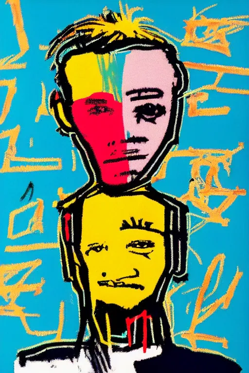 Prompt: cyborg vitalik buterin in the style of jean michel basquiat, andy warhol, and pablo picasso