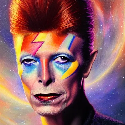 Image similar to UHD tonalism cosmic painting of David Bowie, by Antonio Caparo and Ferdinand Knab and Greg Rutkowski, UHD, photorealistic, trending on artstation, trending on deviantart