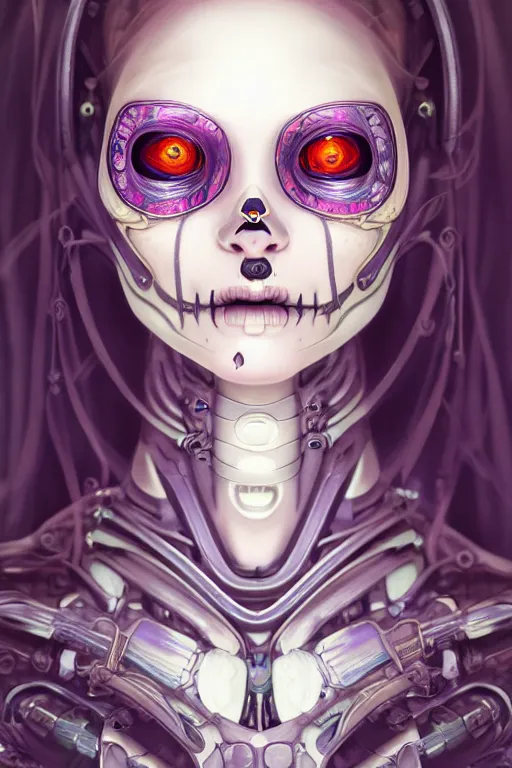 Prompt: ultra detailed portrait of a female android, eyes closed, 8 k, sci - fi, flowerpunk, fantasy, moody, calm, ( dia de los muertos ), asymmetrical, intricate concept art, art by artgerm and giger and michael welan and alphonse mucha and loish and wlop