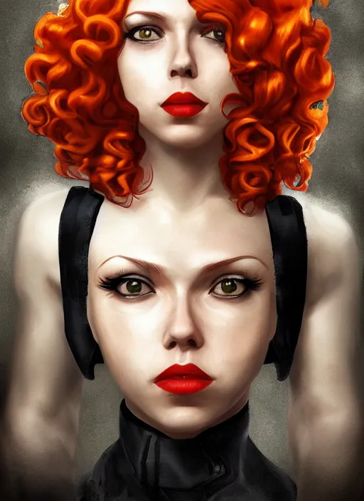 Prompt: biohazard portrait of black widow curly!!! orange!! hair girl bioshock, au naturel, hyper detailed, digital art, trending in artstation, cinematic lighting, studio quality, smooth render, unreal engine 5 rendered, octane rendered, art style by klimt and nixeu and ian sprigger and wlop and krenz cushart