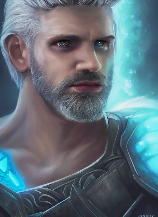 Image similar to an epic fantastic realism comic book style portrait painting of an aasimar paladin, male, silver hair, short brown beard, glowing eyes, d & d concept art, regal, unreal 5, daz, teal aesthetic, octane render, cosplay, rpg portrait, dynamic lighting