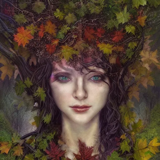 Image similar to portrait of a dryad in a shadowy forest of autumn maples by brian froud and jessica rossier dark mysterious -