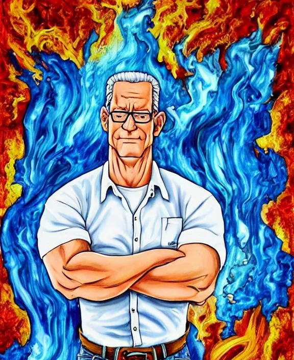 Prompt: hank hill wearing bluejeans and white tshirt, the god of propane's blue flames, blue fire, biblical painting, art by mike judge, art by josephine wall, art by amanda sage, art by huang guangjian, art by viktoria gavrilenko, trending on artstation