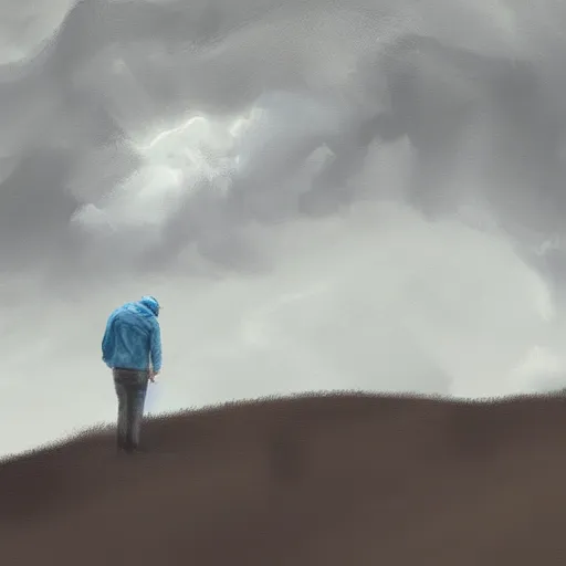 Image similar to a regretful man on a hill and storm is coming, digital painting, futured, ultra detailed