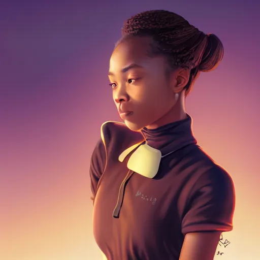 Image similar to a photorealistic hyperrealistic, bright brown eyes, light skinned african young girl, ponytail hair, flawless face, asian eyes, cute face, black turtle neck shirt, by wlop, artgerm, greg rutwoski, alphonse mucha, beautiful dynamic dramatic low - light moody lighting, cinematic atmosphere, artstation, concept design art, octane render, 8 k