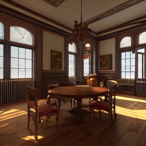 Prompt: inside a victorian dining room with bookcases on the walls, sunlight shines through the windows and produces rays of light in the dust ray traced unreal 5, ultra details