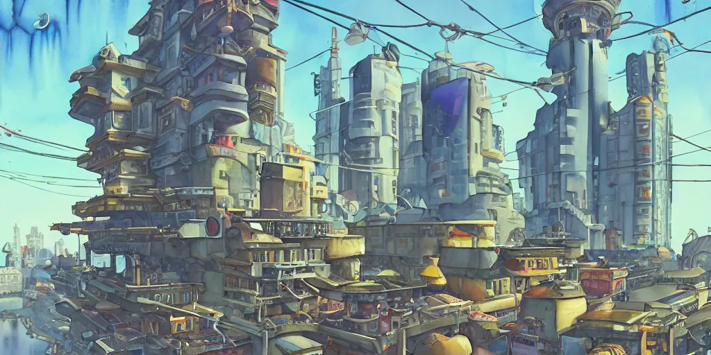 Image similar to overwatch building, stylized, exterior, architecture, in watercolor gouache detailed paintings, insanely detail, artstation, 8 k, futuristic, big medium small, arcane, simon stalenhag, food stall, interesting shapes & form, golden ratio, hard surface, props, lots of decoration, megastructures, floating city, tree and plants, solarpunk, japanese downtown