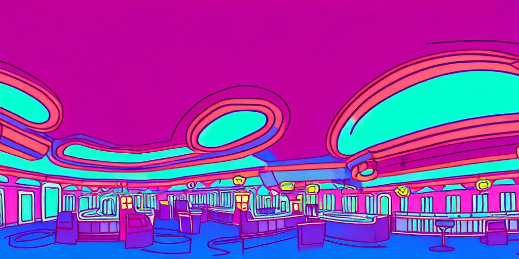 Prompt: minimalistic extreme wide angle curved perspective digital art of sss chubby cotton candy indoor top floor of a casino with a balcony to the ground floor by anton fadeev from nightmare before christmas