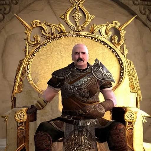 Prompt: Alexander Lukashenko as a Jarl in The Elder Scrolls V: Skyrim sitting on his throne