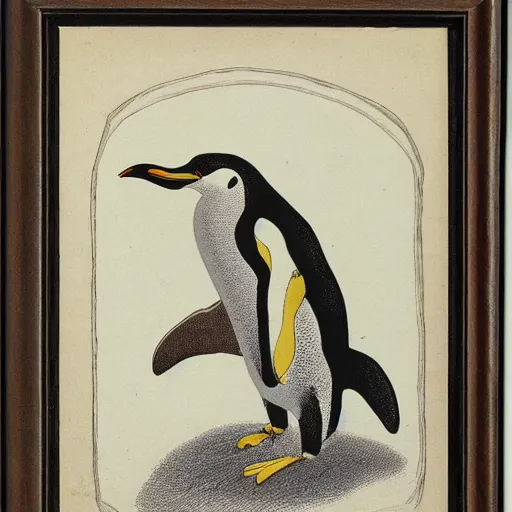 Prompt: deranged penguin, depressed, schizophrenic, audubon illustration