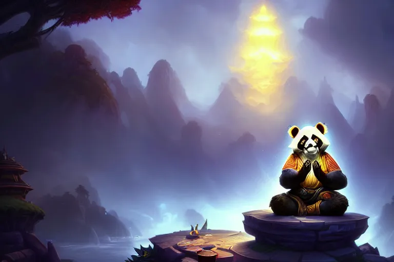 Image similar to [ important ] amazing portrait of a pandaren meditating [ / important ], hearthstone splash art, deiv calviz, splash art, natural light, elegant, intricate, fantasy, atmospheric lighting, by greg rutkowski, hearthstone splash art, hd wallpaper, ultra high details, cinematic composition