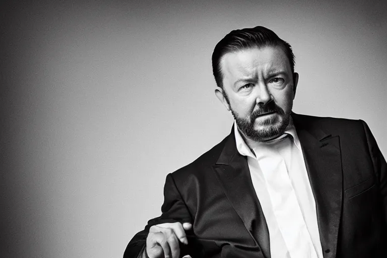 Image similar to an 8 5 mm portrait of ricky gervais as a 1 7 0 0's gangster by gustave baumann, lomography lady grey, ultra realistic, beautiful lighting, dramatic, noise, film