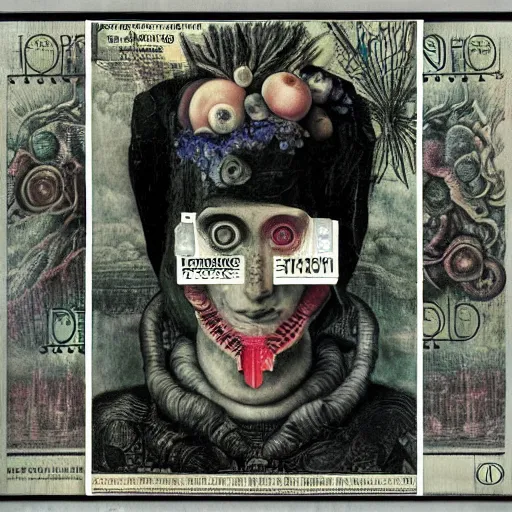 Image similar to post - punk new age album cover, asymmetrical design, dollar bank notes, capitalism, magic, apocalypse, psychedelic, black white pink, magic, giger h. r., giuseppe arcimboldo