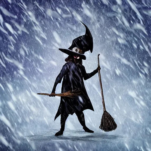 Prompt: wizard, dark, flying on the broom, front view, trees, snowing, digital art