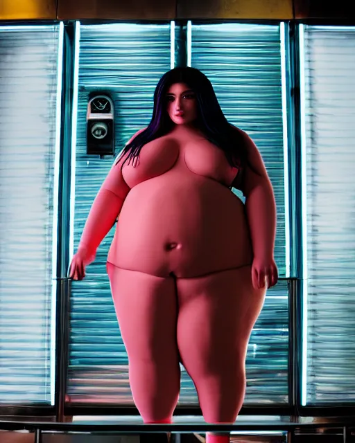 Prompt: film still of obese 3 0 0 - pound kylie jenner at mcdonald's, vibrant high contrast, octane, arney freytag, cinematic, portrait, backlit, rim lighting, 8 k