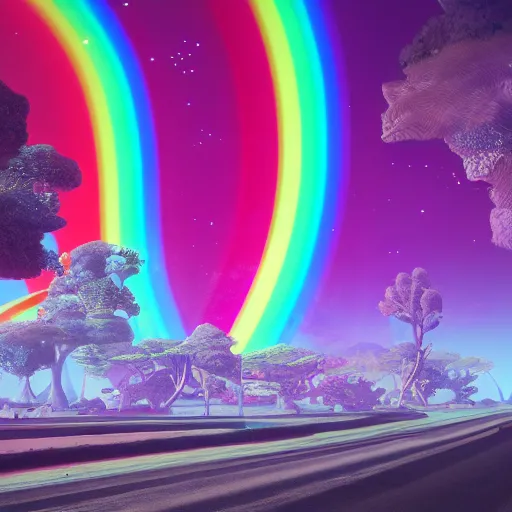 Prompt: Rainbow Road, the image is like beautiful dream, 4k post-processing highly detailed, art station, unreal engine + cinematography by Wes Anderson, Wide angle shot, futuristic, volumetric light, Fuji film, intricate detail, hyperreal, hyperrealistic, 4K, Octane render, unreal engine cinematic, sublime atmosphere,