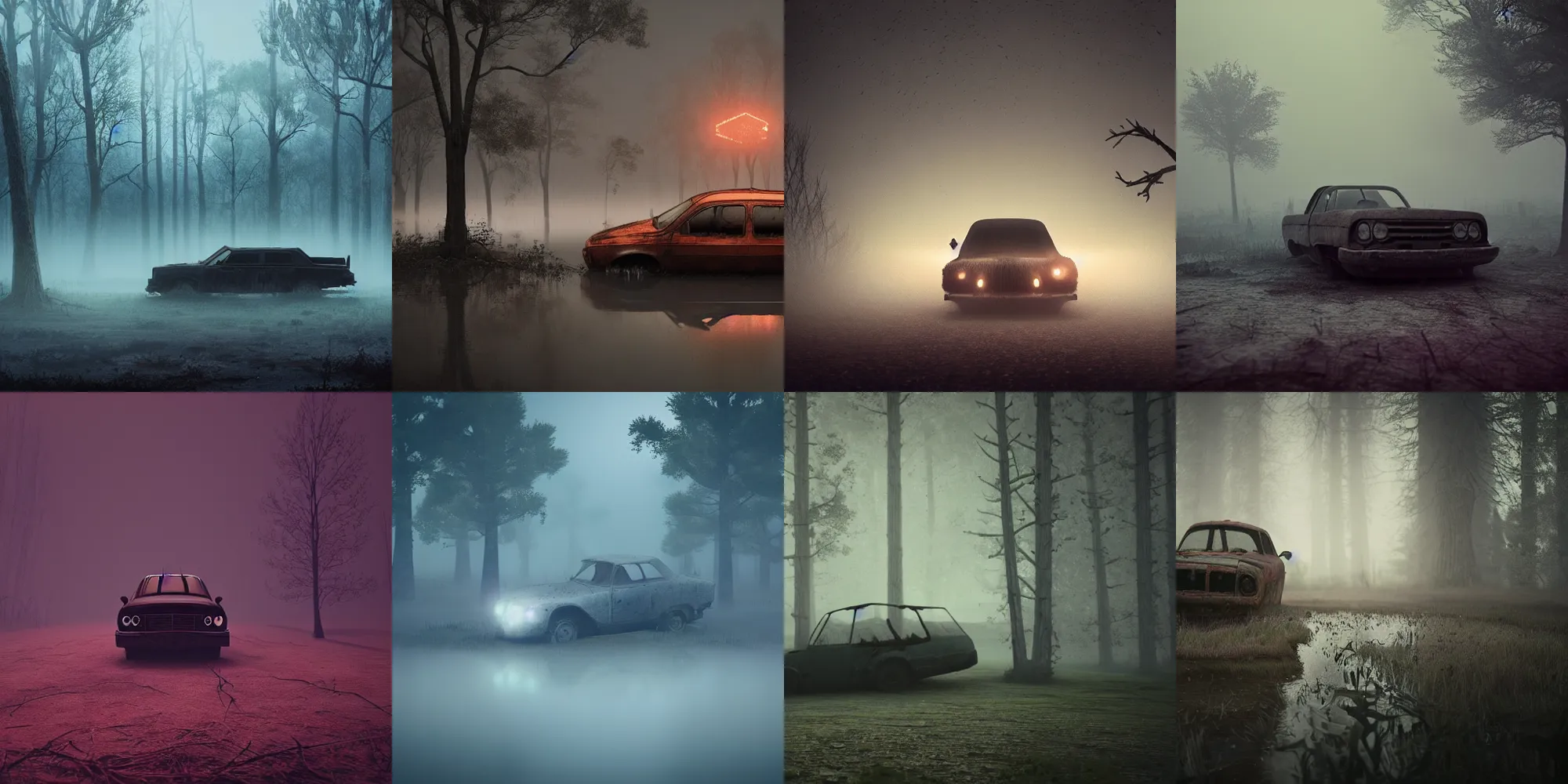 Image similar to beautiful dark creepy foggy swamp landscape, old abandoned car sinking, in the style of beeple and Mike Winkelmann, intricate, epic lighting, cinematic composition, hyper realistic, 8k resolution, unreal engine 5,