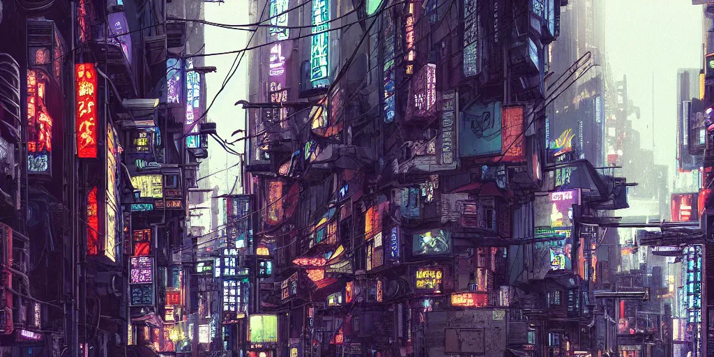 Prompt: Cyberpunk back alley with minimal number of neon lighting on a rainy day in Japan, low angle view, detailed matte painting, cinematic, Moebius, Artstation