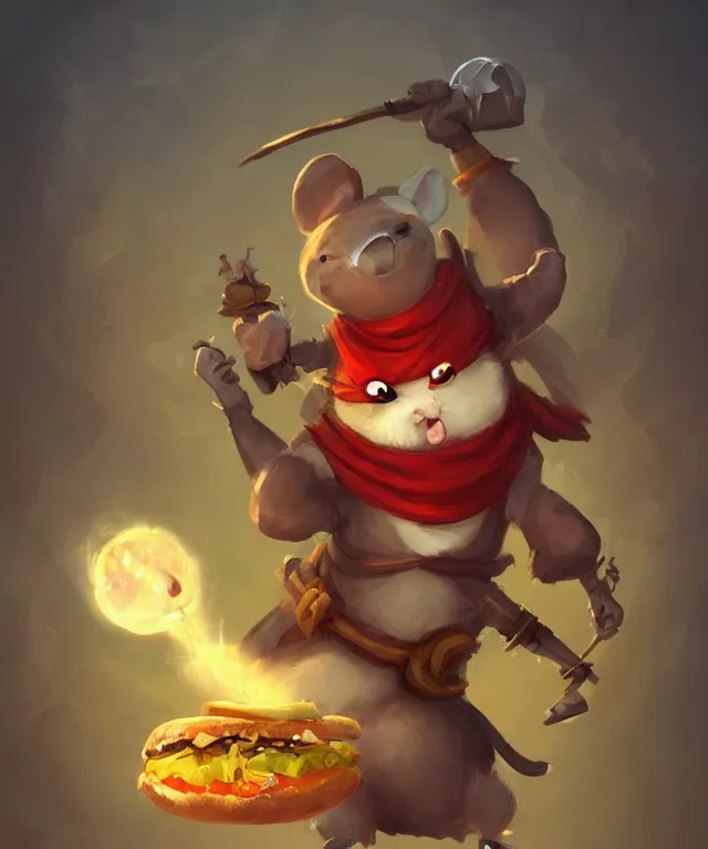 Image similar to a single anthropomorphic hamster ninja eating a hamburger, ninja outfit, standing in a buddhist temple, cute and adorable, dnd character art portrait, matte fantasy painting, deviantart artstation, by jason felix by steve argyle by tyler jacobson by peter mohrbacher, cinematic lighting