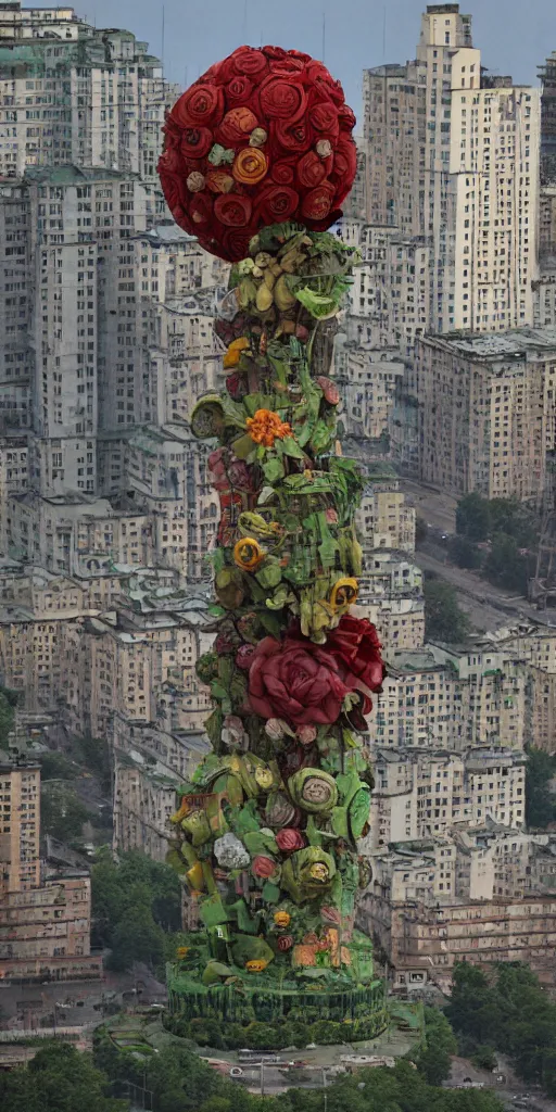 Image similar to giant grotesque flower made from communist dreams in the middle of abandoned post soviet constructivist cityscape, Stalinist architecture, ultradetailed by Hayao Miyazaki and Josan Gonzalez and Makoto Shinkai and Giuseppe Arcimboldo and Wes Anderson