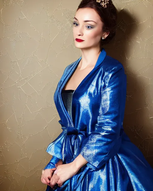 Prompt: an expensive portrait of a poised woman in metallic starry blue long structured robes, high collar, large fascinator, muted background