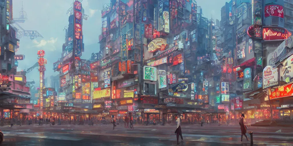 Image similar to A highly fantasy detailed matte painting of Buildings with Japanese Billboards and neonsigns by Studio Ghibli, Makoto Shinkai, by Artgerm, by WLOP, by Greg Rutkowski, volumetric lighting, octane render, 4K resolution, trending on artstation, masterpiece