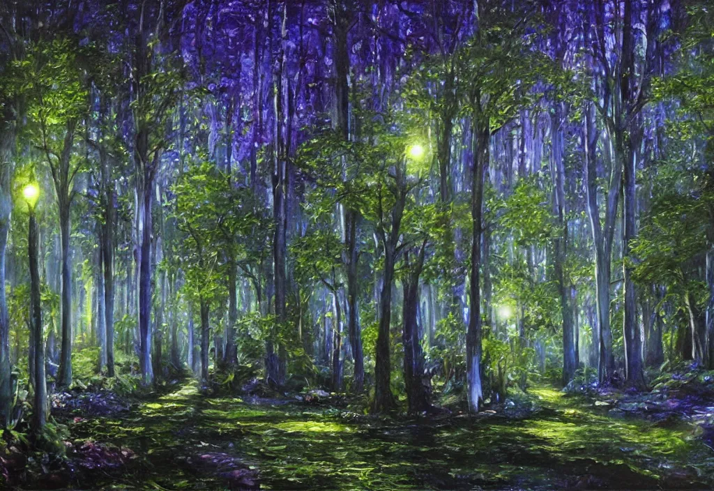 Prompt: Lothlorien at night, very dark with green lights, blue lights and purple lights, elven forest town with houses up in the trees, oil painting, very detailed, dramatic lighting