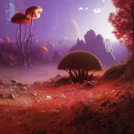 Image similar to A lovely picture of an alien landscape with mycelium aliens by John Berkey, by George Inness, by john Harris, forest made out of mushroom, purple and red and white gradient colour theme, trending on DeviantArt, rendered in blender, 8k resolution, Mountains, no green