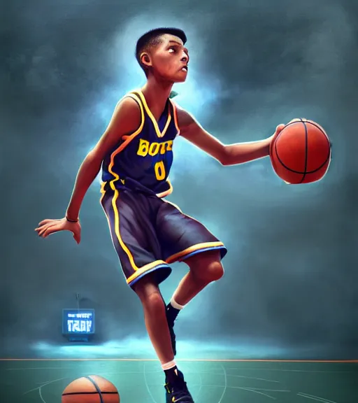 Prompt: a boy at a basketball court playing basketball wearing a basketball uniform in a basketball court, intense emotion, intricate, elegant, highly detailed, centered, digital painting, artstation, concept art, smooth, sharp focus, illustration, by Peter Mohrbacher, WLOP