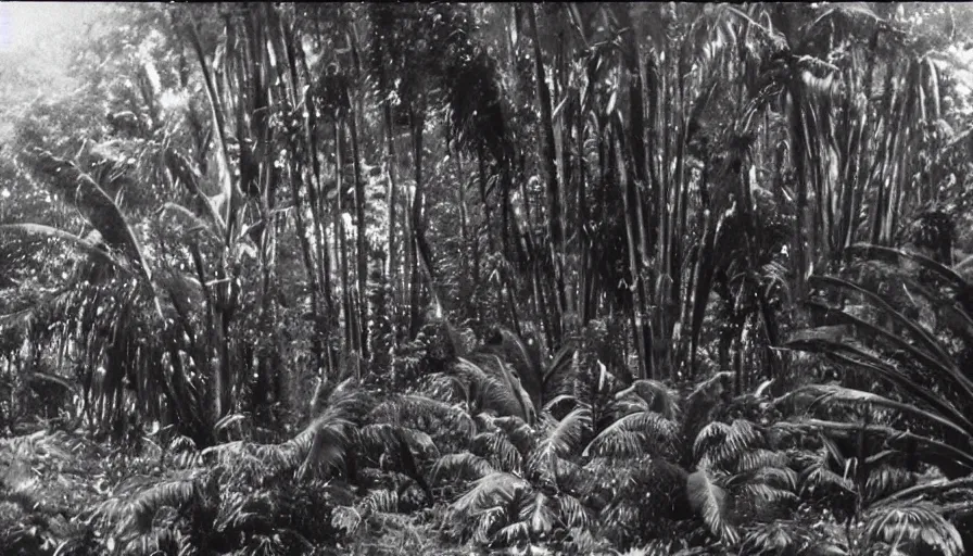 Image similar to lost film footage of a sacred object in the middle of the ( ( ( ( ( ( tropical jungle ) ) ) ) ) ) / film still / cinematic / enhanced / 1 9 2 0 s / black and white / grain