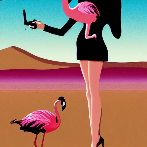 Image similar to A surreal comic noir illustration containing Natalie Portman and Flamingos on a desert beach oasis by Salvador Dali, dark vibes, high contrast, pastel lighting, cinematic, depth of field, 8k