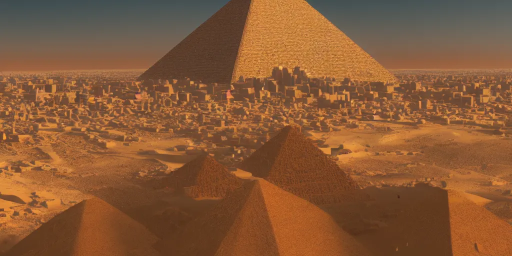 Prompt: a city in the desert with a pyramid in center, ziggurat, fantasy, hyper realistic, dramatic lighting, cinematic, 35mm lens, 8k,