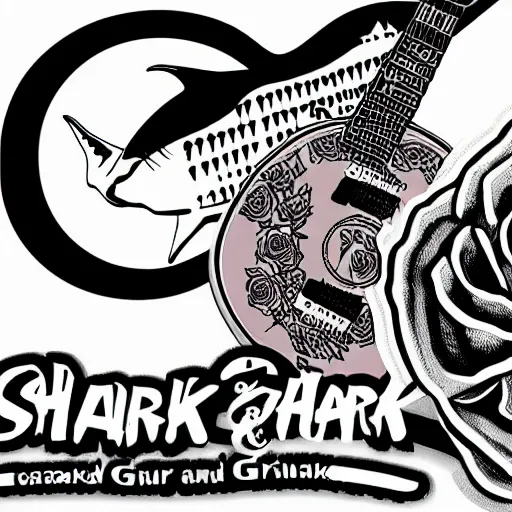 Prompt: Shark and guitar, roses and coins on the background logo, black and white