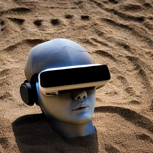 Image similar to the head of a marble cybernetic lady justice statue wearing a virtual reality headset on ground covered in sand, cyberpunk background, highly detailed, epic lighting, hyper photorealism, 8 k