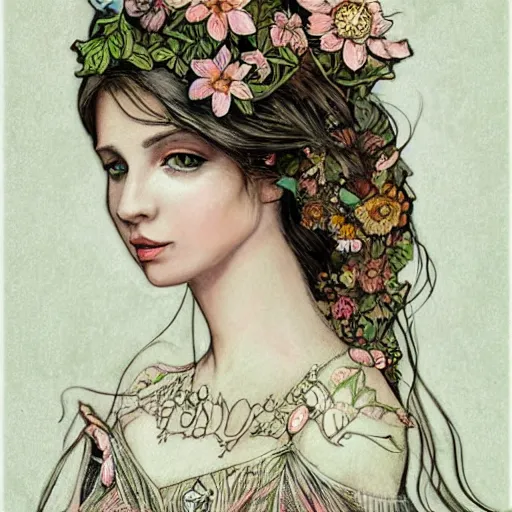 Image similar to realistic detailed face portrait of a beautiful woman with flowers in her hair by jenny savilla, fairytale, art nouveau, victorian, neo - gothic, character concept design, smooth, extremely sharp detail, finely tuned detail, story book design, storybook layout