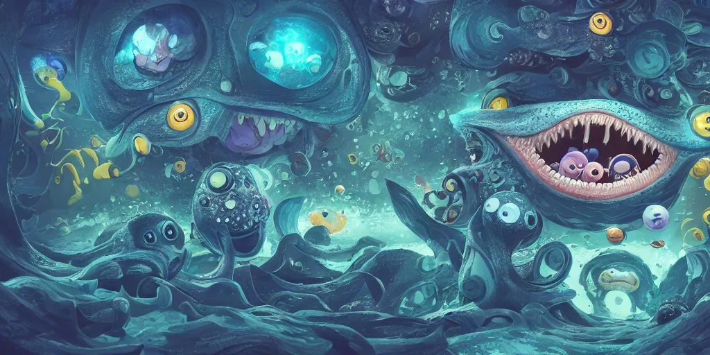 Image similar to of an intricate deep sea with strange cute friendly happy creatures with huge eyes, long tongue, round teeth and goofy funny face, appearing from the background, in the style of gehry and gaudi, macro lens, shallow depth of field, ultra detailed, digital painting, trending artstation, concept art, illustration, cinematic lighting, photorealism, epic, octane render