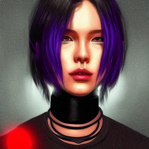 Image similar to headshot artwork of cyberpunk woman wearing thick black choker, collar on neck, realistic, artstation, neon,