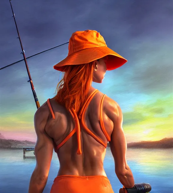 Image similar to muscular female fisherman angler at the end of a dock at sunset, perfect face, bucket hat, orange halter top, ginger hair, abs, cinematic, blush, stunning, athletic, strong, agile, highly detailed, psychedelic, digital painting, artstation, smooth, hard focus, illustration, art by jessica rossier and and brian froud