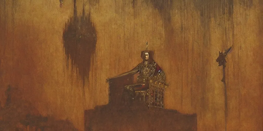 Image similar to a medieval king sitting on a golden throne leaning on a shiny sword in a palace, beksinski painting